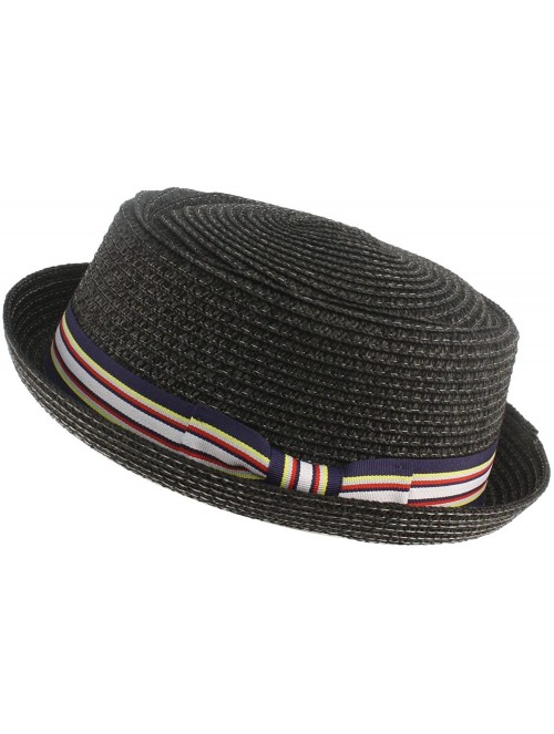 Fedoras Men's Fancy Summer Straw Pork Pie Derby Fedora Upturn Brim Hat - Black - CE11Z4EOF7D $27.00