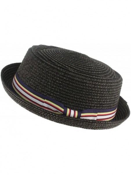 Fedoras Men's Fancy Summer Straw Pork Pie Derby Fedora Upturn Brim Hat - Black - CE11Z4EOF7D $27.00