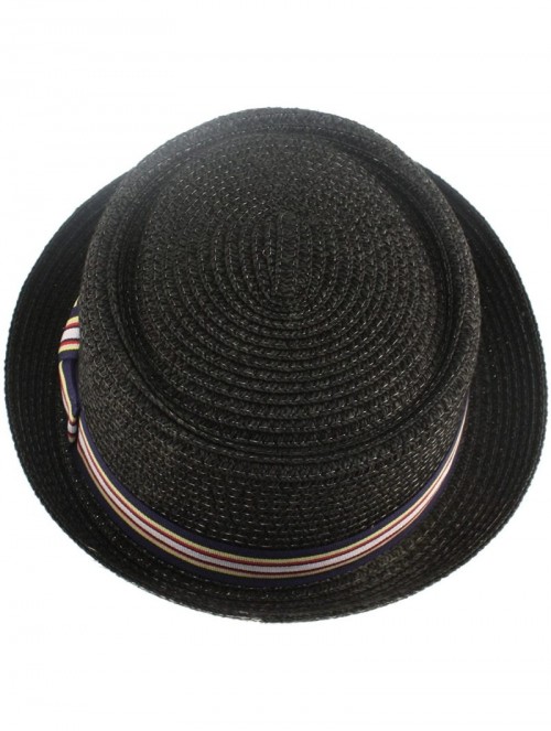 Fedoras Men's Fancy Summer Straw Pork Pie Derby Fedora Upturn Brim Hat - Black - CE11Z4EOF7D $27.00