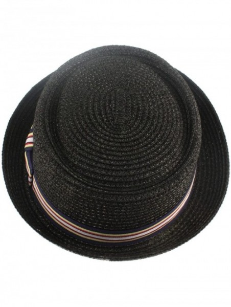 Fedoras Men's Fancy Summer Straw Pork Pie Derby Fedora Upturn Brim Hat - Black - CE11Z4EOF7D $27.00