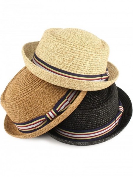 Fedoras Men's Fancy Summer Straw Pork Pie Derby Fedora Upturn Brim Hat - Black - CE11Z4EOF7D $27.00