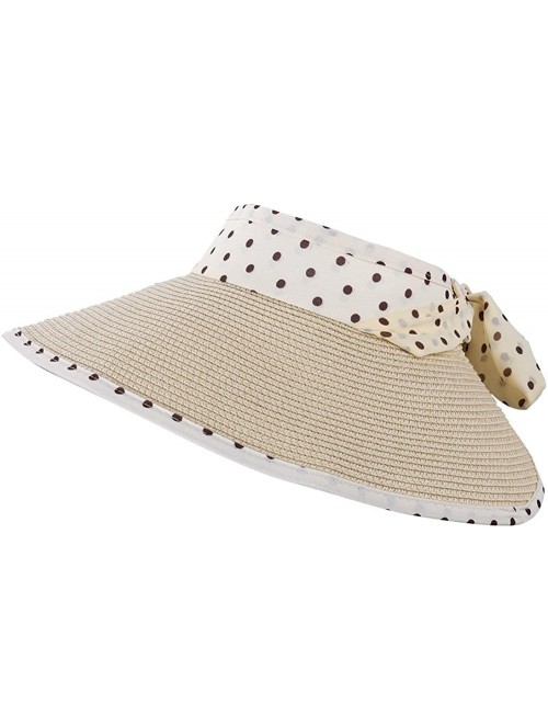 Visors Women's Roll Up Straw Floppy Wide Brim Sun Visor Hat with Polka Dot Bow - Beige - C012GZQKWWZ $18.81