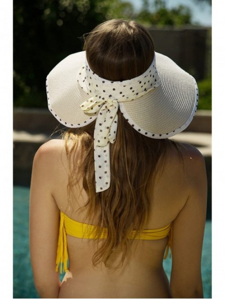 Visors Women's Roll Up Straw Floppy Wide Brim Sun Visor Hat with Polka Dot Bow - Beige - C012GZQKWWZ $18.81