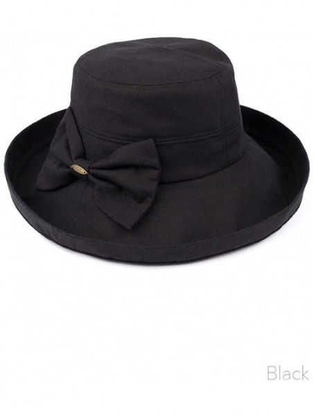 Sun Hats Women's Cotton Summer Packable Bow Accent Foldable Brim Beach Sun Hat - Black - CO17WXLAHYO $28.21