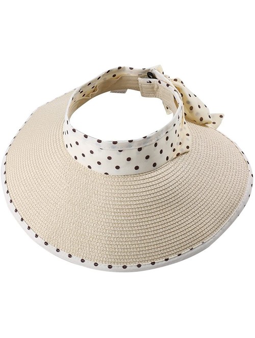 Visors Women's Roll Up Straw Floppy Wide Brim Sun Visor Hat with Polka Dot Bow - Beige - C012GZQKWWZ $18.81