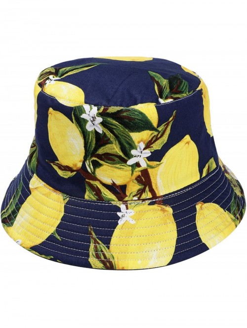 Bucket Hats Cute Bucket Hat Unisex Fruit Print Reversible Packable Cap Summer Fisherman Sun Hat - Lemon - Dark Blue - CX196II...