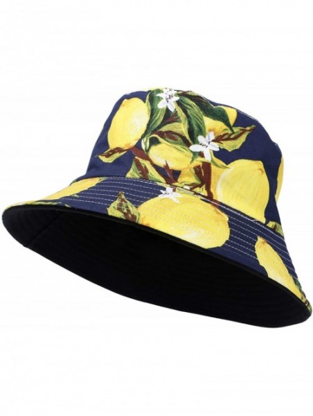 Bucket Hats Cute Bucket Hat Unisex Fruit Print Reversible Packable Cap Summer Fisherman Sun Hat - Lemon - Dark Blue - CX196II...