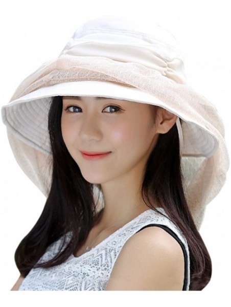 Sun Hats Women Wide Brim Bucket Boonie Sun Hat Cord Fishing Cap UPF50+ Mosquito Head Net - Beige - CB12I4JSWCX $18.38