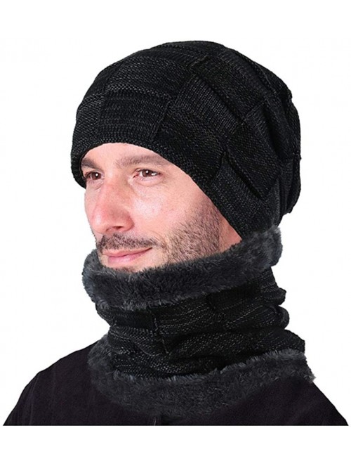 Skullies & Beanies Men's Winter Knit Skull Cap Wool Warm Slouchy Beanies Hat Scarf Set - Black With Scarf-2 - CE187CLSZUD $11.05