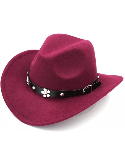 Cowboy Hats Women Western Cowboy Hat Wide Brim Cowgirl Cap Flower Charms Leather Band - Wine Red - CN1883C54OY $14.22