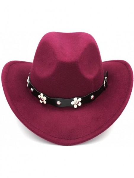 Cowboy Hats Women Western Cowboy Hat Wide Brim Cowgirl Cap Flower Charms Leather Band - Wine Red - CN1883C54OY $14.22