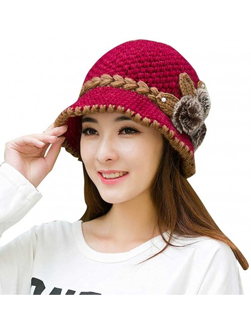 Bomber Hats Women Color Winter Hat Crochet Knitted Flowers Decorated Ears Cap with Visor - Hot Pink - CK18LH3SQG2 $9.78