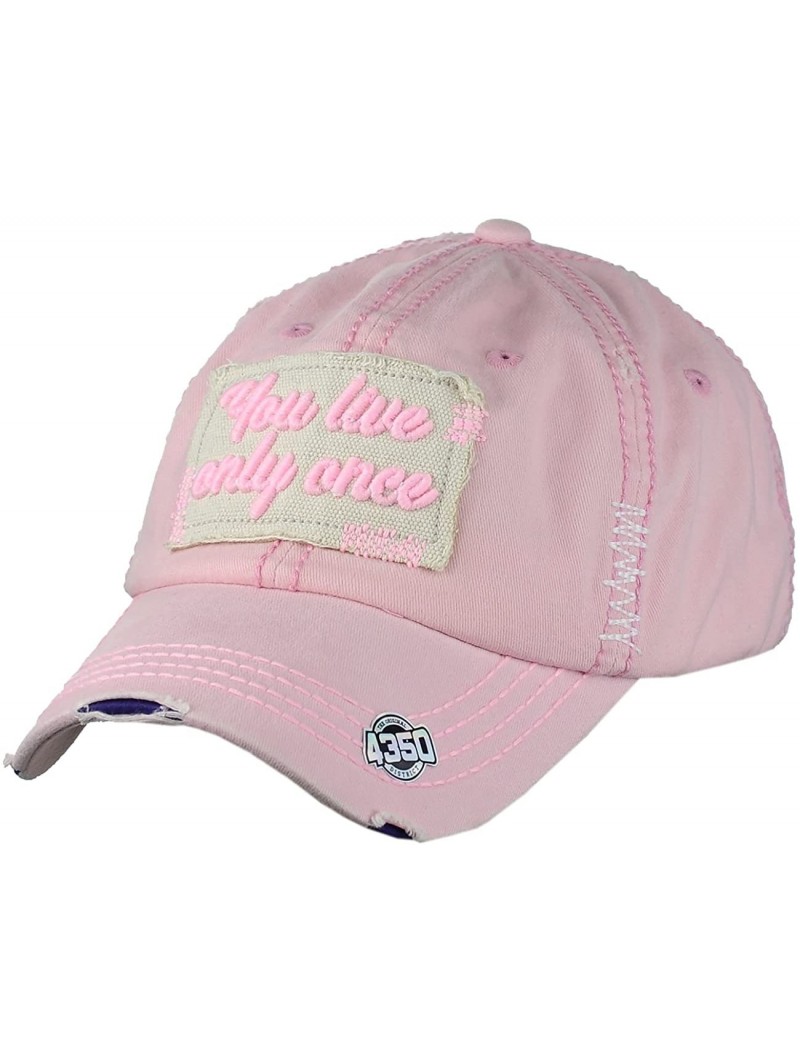 Baseball Caps Unisex Vintage Distressed Patched Phrase Adjustable Baseball Dad Cap - Yolo- Pink - CN186ALSMLM $12.50