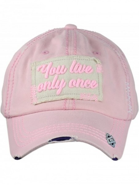 Baseball Caps Unisex Vintage Distressed Patched Phrase Adjustable Baseball Dad Cap - Yolo- Pink - CN186ALSMLM $12.50