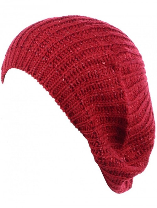 Berets Women's Fall French Style Cable Knit Beret Hat W/Sequin/Wooden Button - Red - CI18EGE0H0Y $17.33