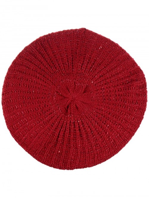 Berets Women's Fall French Style Cable Knit Beret Hat W/Sequin/Wooden Button - Red - CI18EGE0H0Y $17.33