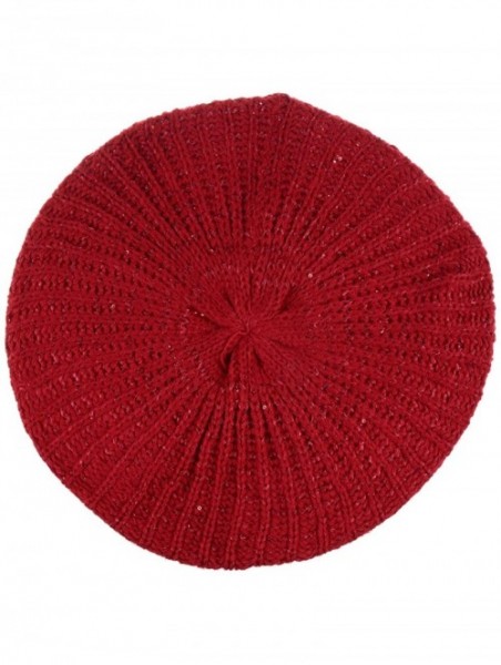 Berets Women's Fall French Style Cable Knit Beret Hat W/Sequin/Wooden Button - Red - CI18EGE0H0Y $17.33