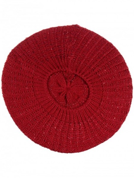 Berets Women's Fall French Style Cable Knit Beret Hat W/Sequin/Wooden Button - Red - CI18EGE0H0Y $17.33