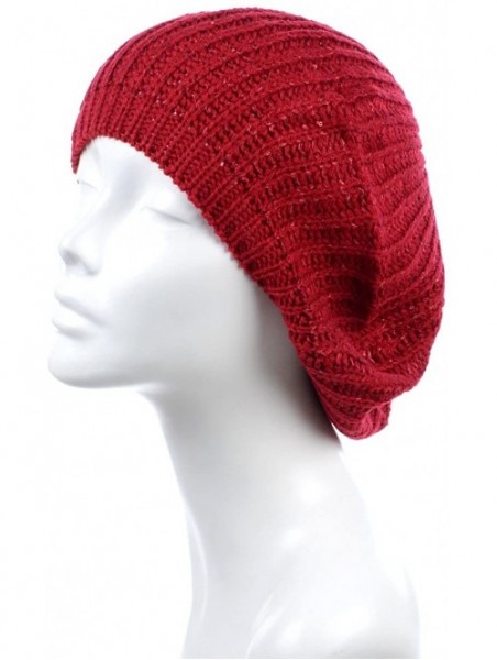 Berets Women's Fall French Style Cable Knit Beret Hat W/Sequin/Wooden Button - Red - CI18EGE0H0Y $17.33