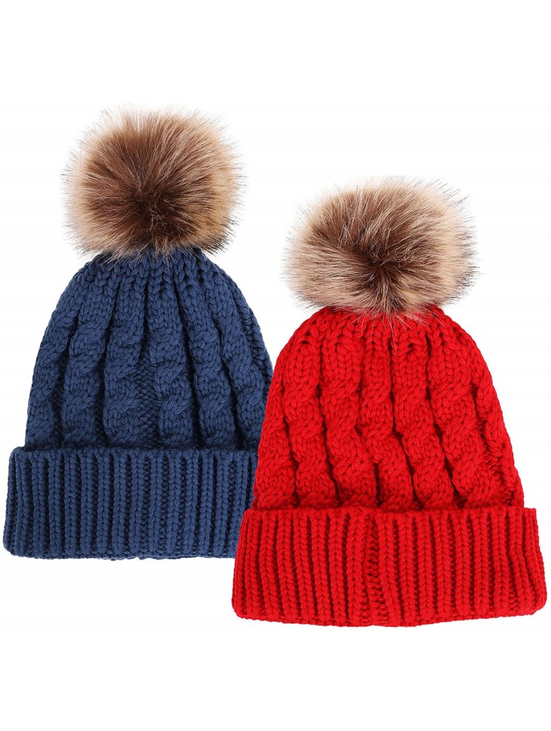 Skullies & Beanies Womens Winter Hand Knit Faux Fur Pompoms Beanie Hat - 2 Pcs Denim/Red - CZ12BYRSK9R $30.52