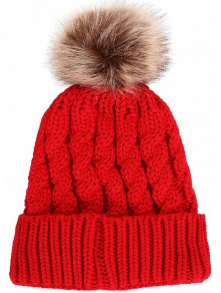 Skullies & Beanies Womens Winter Hand Knit Faux Fur Pompoms Beanie Hat - 2 Pcs Denim/Red - CZ12BYRSK9R $30.52