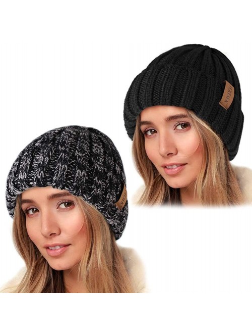 Skullies & Beanies Knit Beanie Hats for Women Men Double Layer Fleece Lined Chunky Winter Hat - Z-black/Mix Black 2 Pcs - CT1...