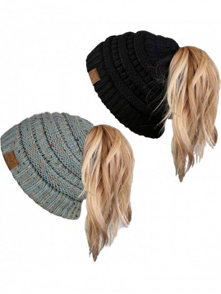 Skullies & Beanies Women's Beanie Ponytail Messy Bun BeanieTail Multi Color Ribbed Hat Cap - 2 Pack - Black & Confetti Dove G...