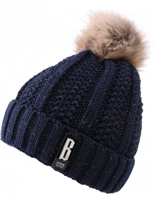 Skullies & Beanies Fleece Lined Women Winter Beanie Hats Faux Fur Pom Pom Beanie Hat - Navy Tan - CK18I5S9DH6 $11.52