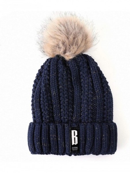 Skullies & Beanies Fleece Lined Women Winter Beanie Hats Faux Fur Pom Pom Beanie Hat - Navy Tan - CK18I5S9DH6 $11.52