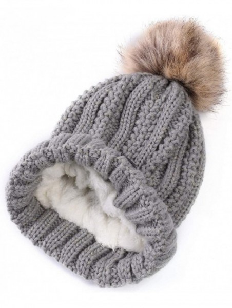 Skullies & Beanies Fleece Lined Women Winter Beanie Hats Faux Fur Pom Pom Beanie Hat - Navy Tan - CK18I5S9DH6 $11.52