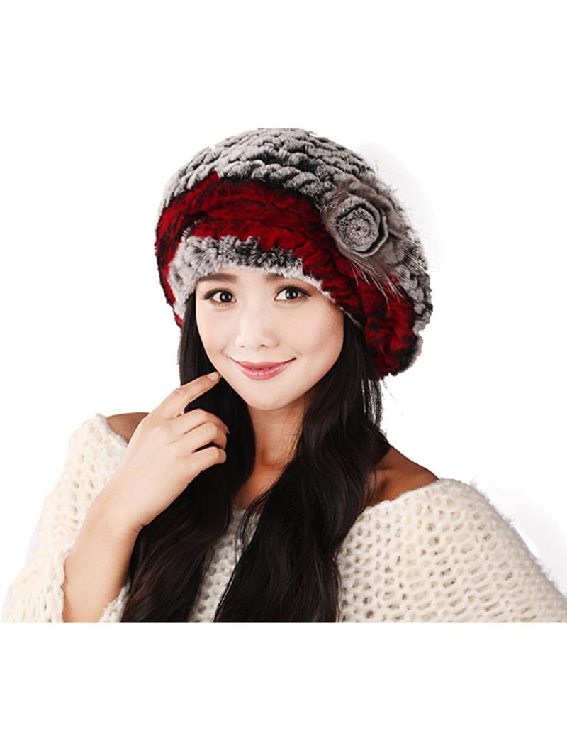 Berets Winter Women's Rex Rabbit Fur Beret Hats with Fur Flower - Grey & Red - C611M8VDMVZ $45.16