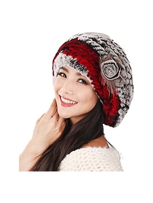 Berets Winter Women's Rex Rabbit Fur Beret Hats with Fur Flower - Grey & Red - C611M8VDMVZ $45.16