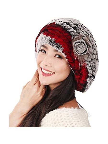 Berets Winter Women's Rex Rabbit Fur Beret Hats with Fur Flower - Grey & Red - C611M8VDMVZ $45.16