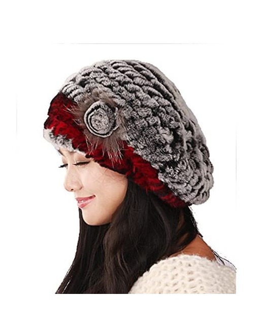 Berets Winter Women's Rex Rabbit Fur Beret Hats with Fur Flower - Grey & Red - C611M8VDMVZ $45.16