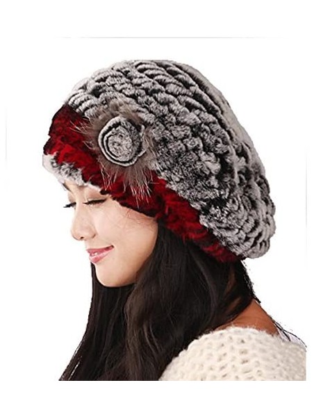 Berets Winter Women's Rex Rabbit Fur Beret Hats with Fur Flower - Grey & Red - C611M8VDMVZ $45.16