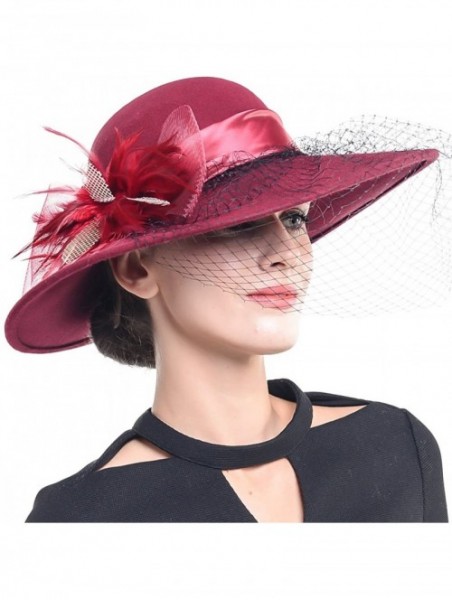 Fedoras Women Wool Felt Plume Church Dress Winter Hat - Veiling-claret - CI12O12Z5YA $33.21