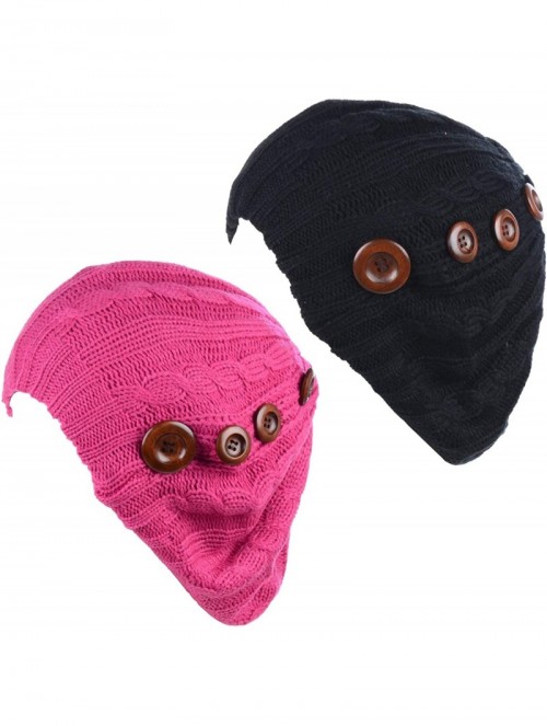 Berets Women's Fall French Style Cable Knit Beret Hat W/Sequin/Wooden Button - 2-pack Fuchsia & Black W/ Buttons - C618LEI58K...