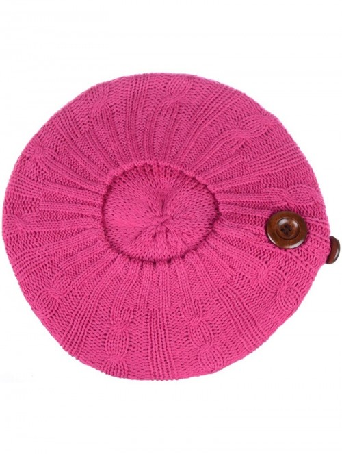 Berets Women's Fall French Style Cable Knit Beret Hat W/Sequin/Wooden Button - 2-pack Fuchsia & Black W/ Buttons - C618LEI58K...