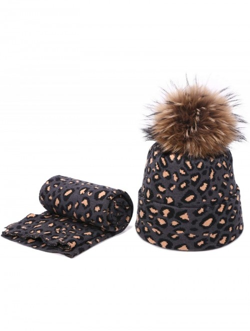 Skullies & Beanies Leopard Print Beanie Hat Scarf Set Winter Double Beanies Hats for Women Elasticity Warm Scarves Pompom Hat...