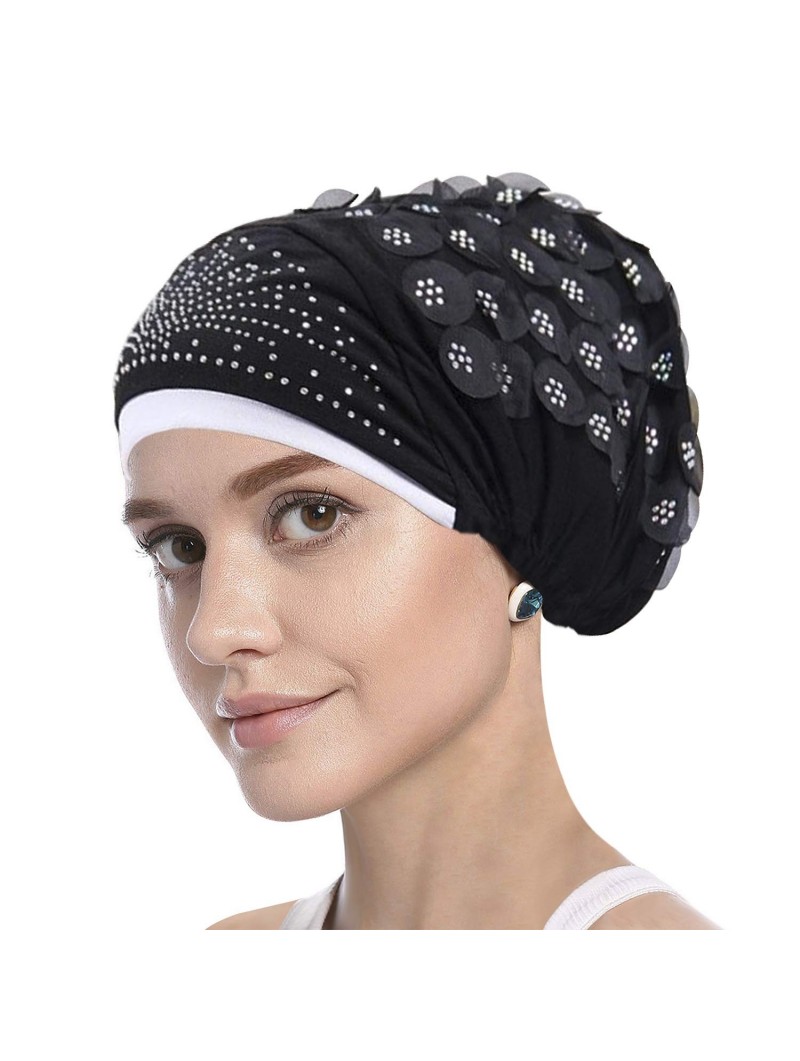 Skullies & Beanies Elastic Slouchy Rhinestone Headwear Headbands - Black- Flower & Rhinestone - CC18SRRR8I2 $13.97