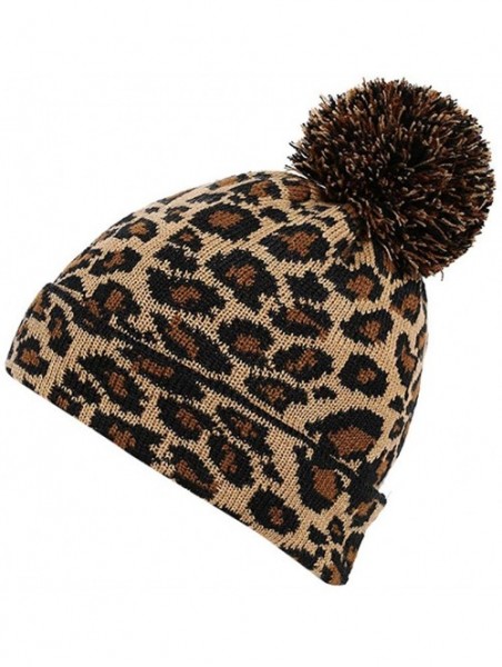 Skullies & Beanies Women Earmuffs Knit Beanie Hat with Pom Pom Ball Leopard Pattern - Yellow - CX18M4WEWY4 $11.76