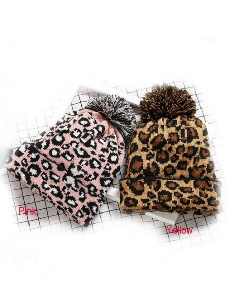 Skullies & Beanies Women Earmuffs Knit Beanie Hat with Pom Pom Ball Leopard Pattern - Yellow - CX18M4WEWY4 $11.76