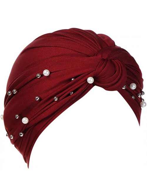 Skullies & Beanies Women Pearl Beading Chemo Turban Headband Scarf Beanie Cap Hat India Hat Turban Wrap Cap - Wine - CT18TRQS...