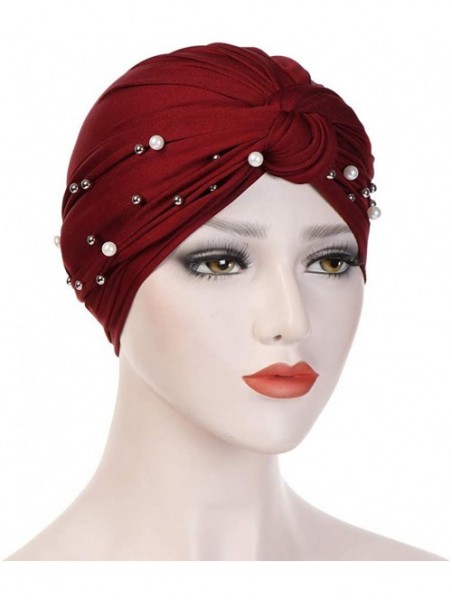 Skullies & Beanies Women Pearl Beading Chemo Turban Headband Scarf Beanie Cap Hat India Hat Turban Wrap Cap - Wine - CT18TRQS...