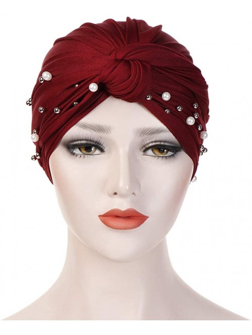 Skullies & Beanies Women Pearl Beading Chemo Turban Headband Scarf Beanie Cap Hat India Hat Turban Wrap Cap - Wine - CT18TRQS...