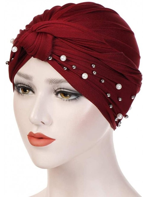 Skullies & Beanies Women Pearl Beading Chemo Turban Headband Scarf Beanie Cap Hat India Hat Turban Wrap Cap - Wine - CT18TRQS...