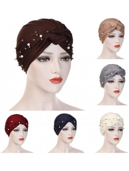 Skullies & Beanies Women Pearl Beading Chemo Turban Headband Scarf Beanie Cap Hat India Hat Turban Wrap Cap - Wine - CT18TRQS...