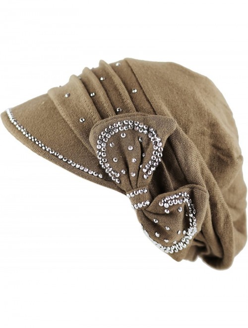 Skullies & Beanies Womens Knit Visor Beanie Cap with Ribbon and Rhinestone Hat - Khaki - C8126ILKZ8N $16.75