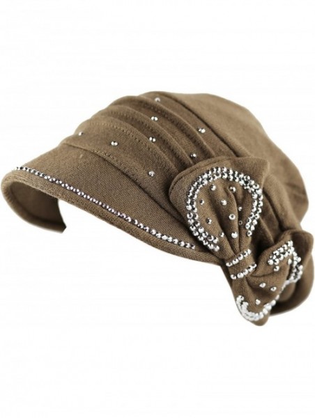 Skullies & Beanies Womens Knit Visor Beanie Cap with Ribbon and Rhinestone Hat - Khaki - C8126ILKZ8N $16.75