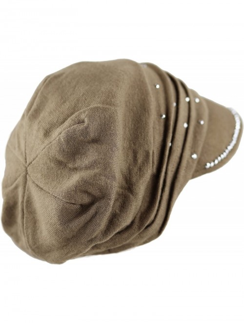 Skullies & Beanies Womens Knit Visor Beanie Cap with Ribbon and Rhinestone Hat - Khaki - C8126ILKZ8N $16.75